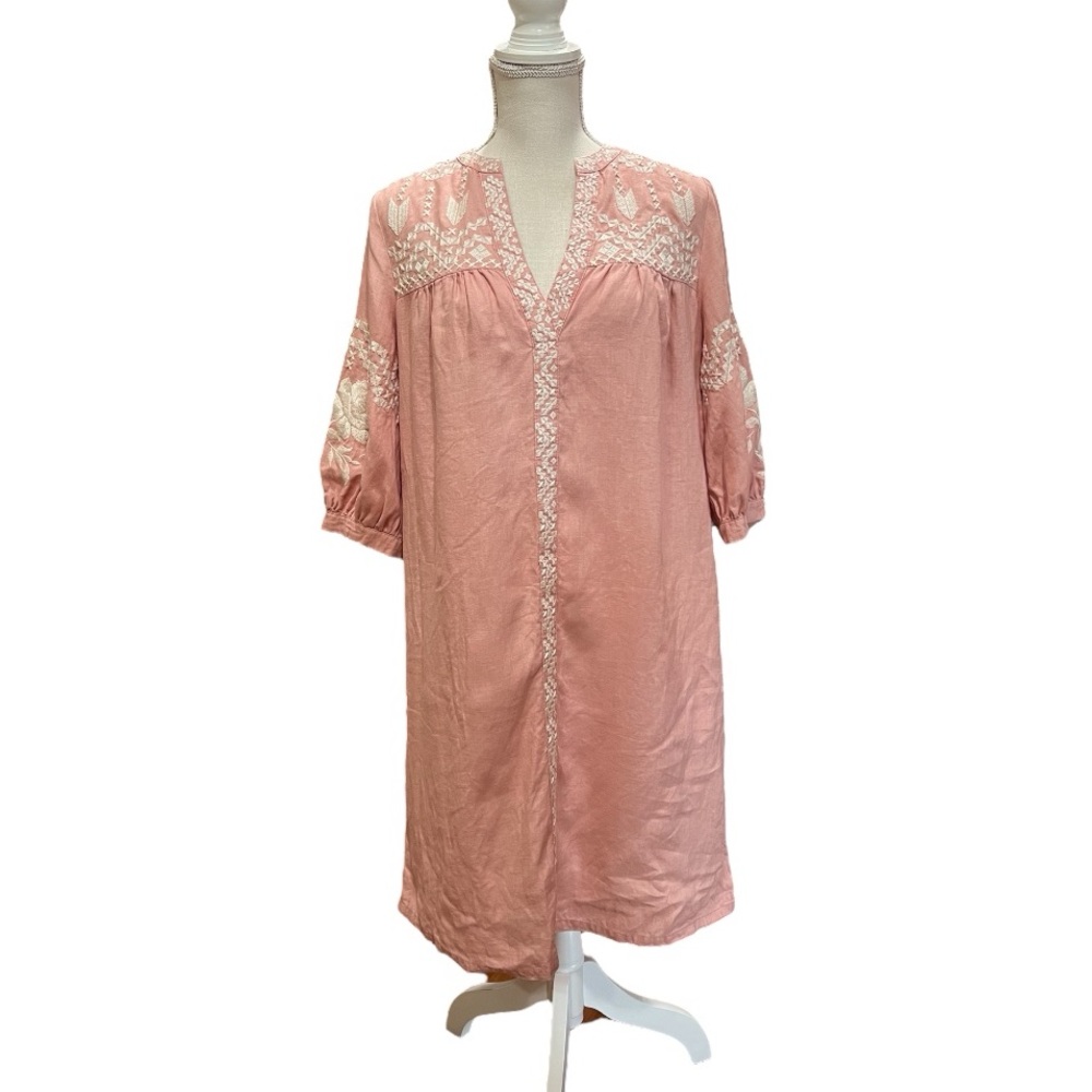 SUNDANCE Embroiled Linen Boho Dress Pink Cream Size Small